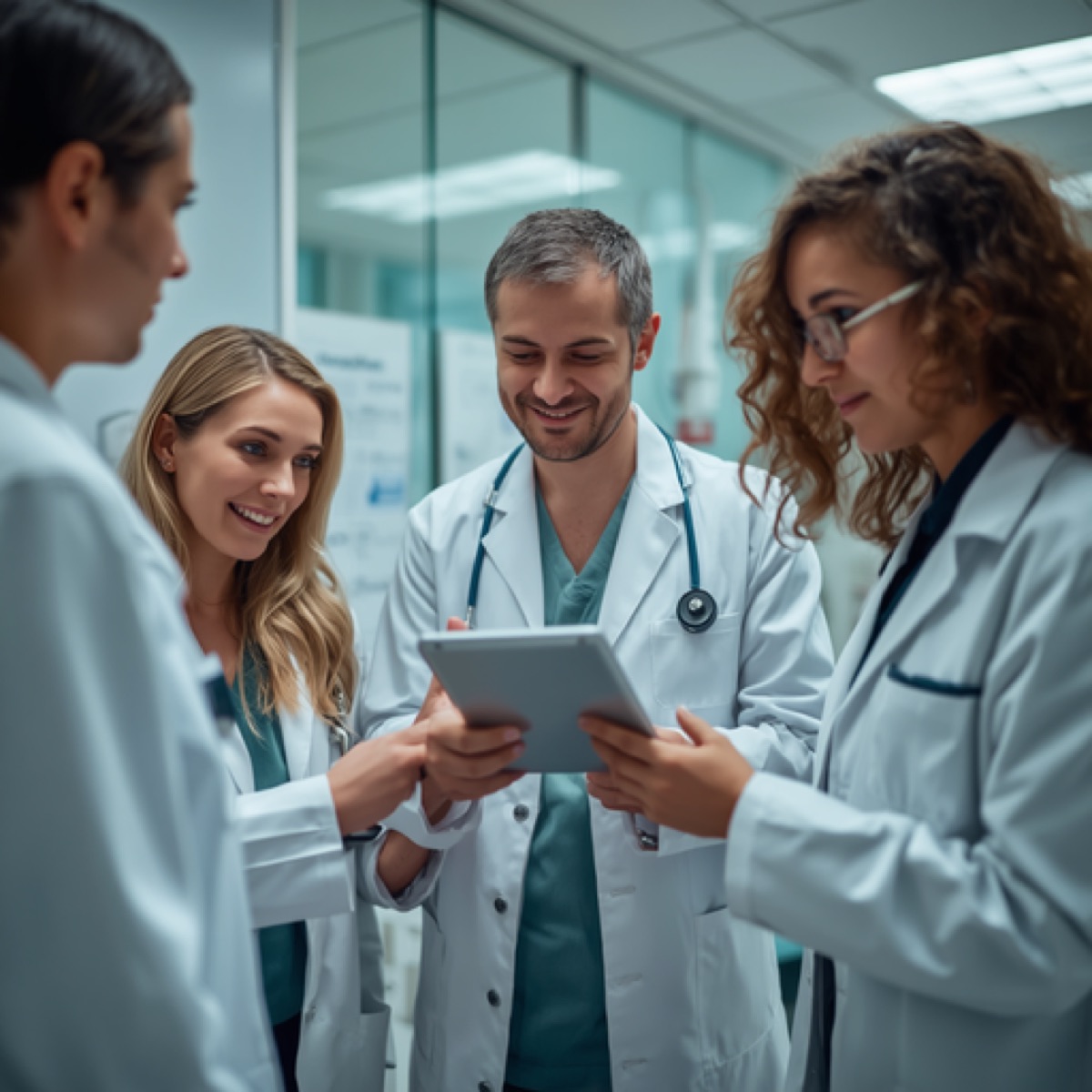 Equipe médica multiprofissional reunida com tablet
