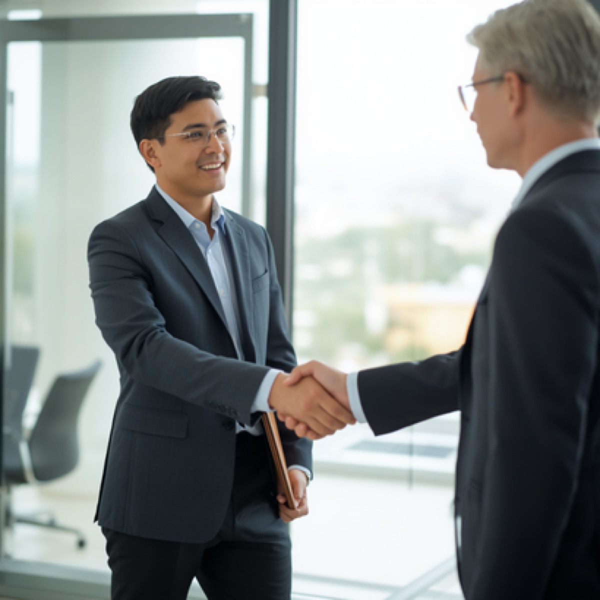 Executivos dialogando em ambiente corporativo moderno
